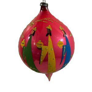 Hand-Painted Pink Glass Christmas Ornament With Three Kings Design & Gold Glitte